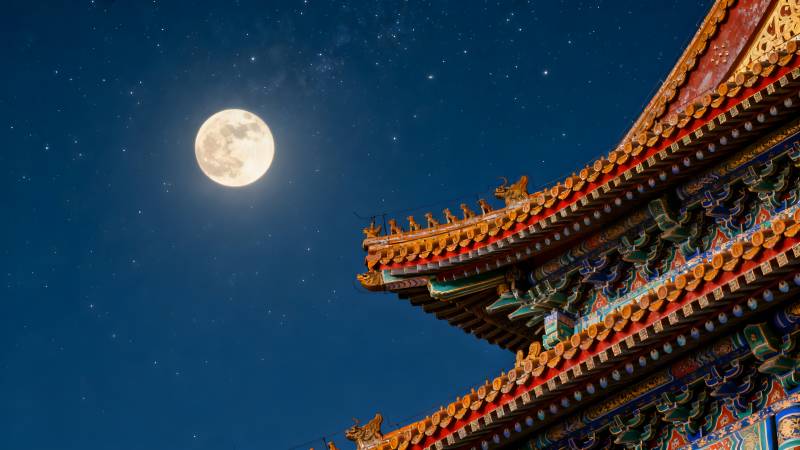 月照古殿夜景图片