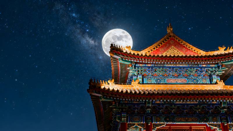 月下古殿夜景图片