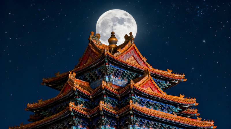 月下古殿夜景图片