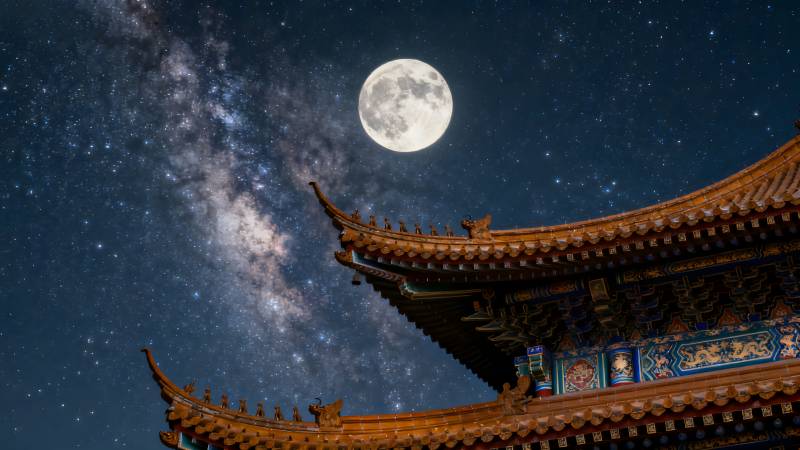 古建筑夜观明月图片