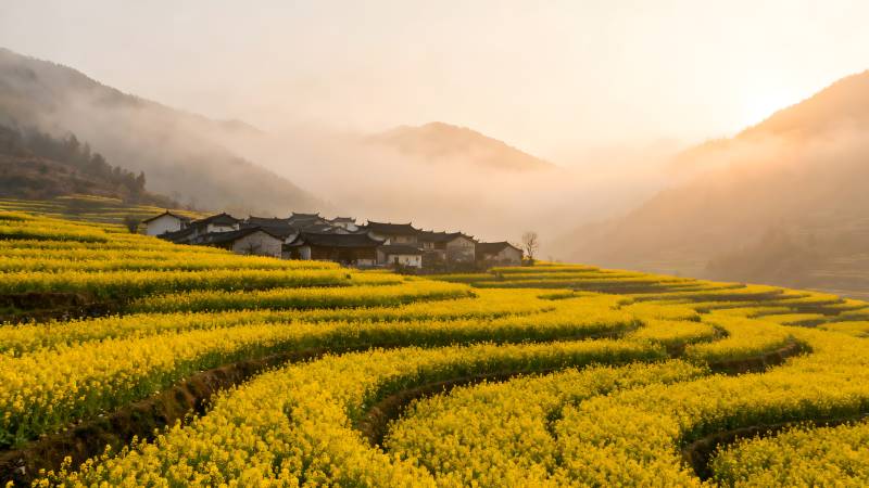 油菜花海晨雾山居图片