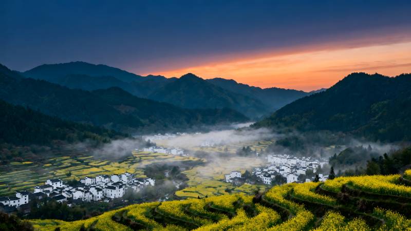 山间晨雾花海村图片