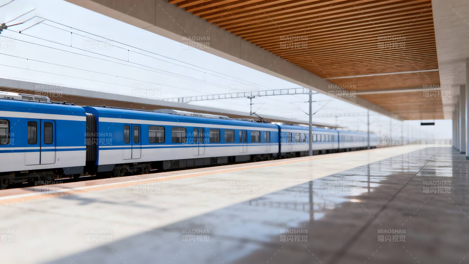 现代车站蓝白列车图片