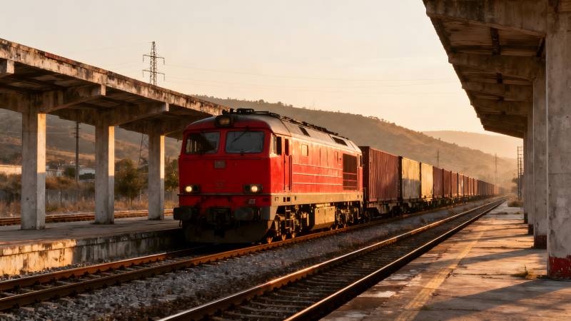 红色火车驶过站台图片