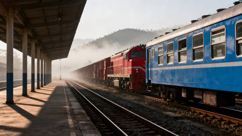 晨雾中的列车站台图片