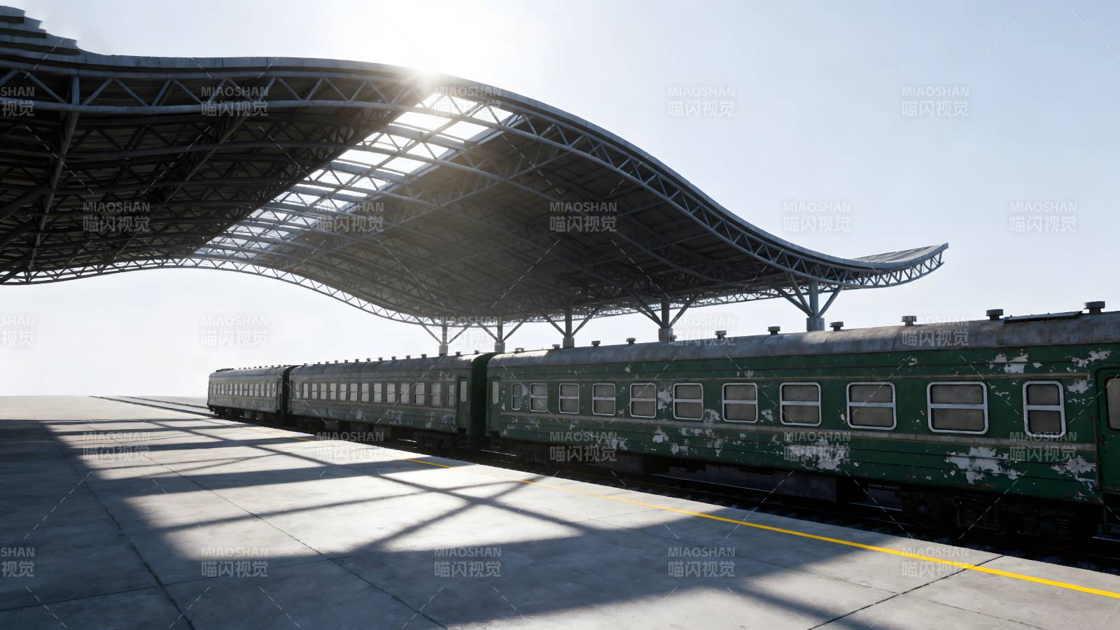 现代车站与绿皮火车图片