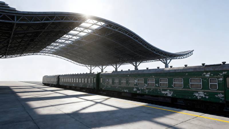 现代车站与绿皮火车图片