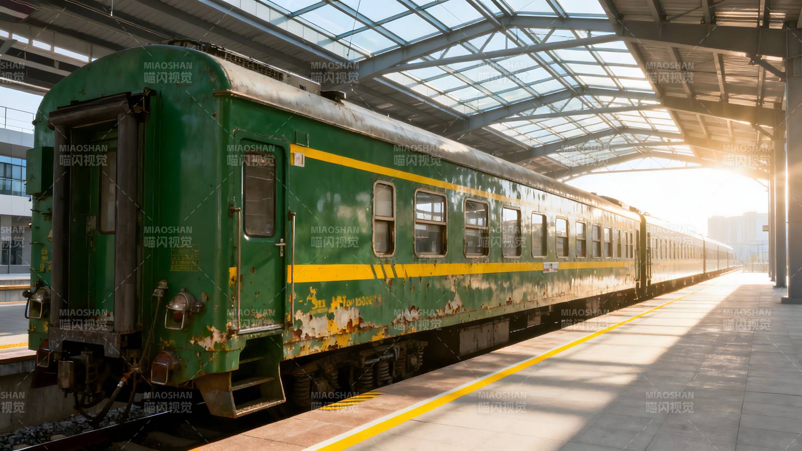 绿皮火车停靠站台图片