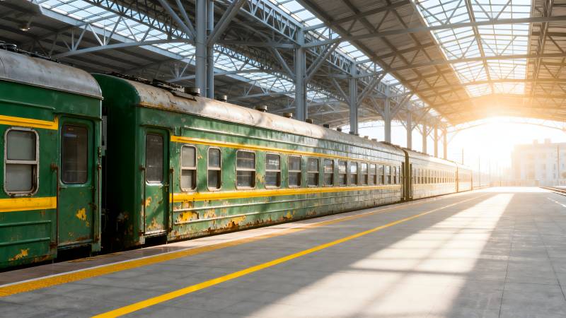 绿皮火车停靠站台图片