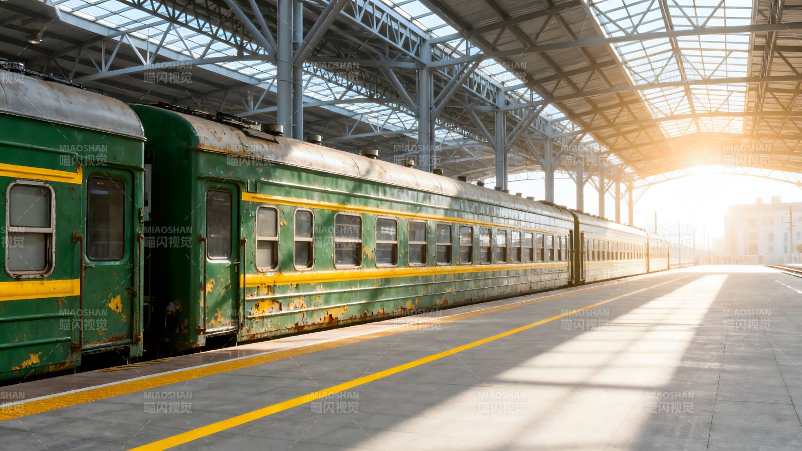 绿皮火车停靠站台图片