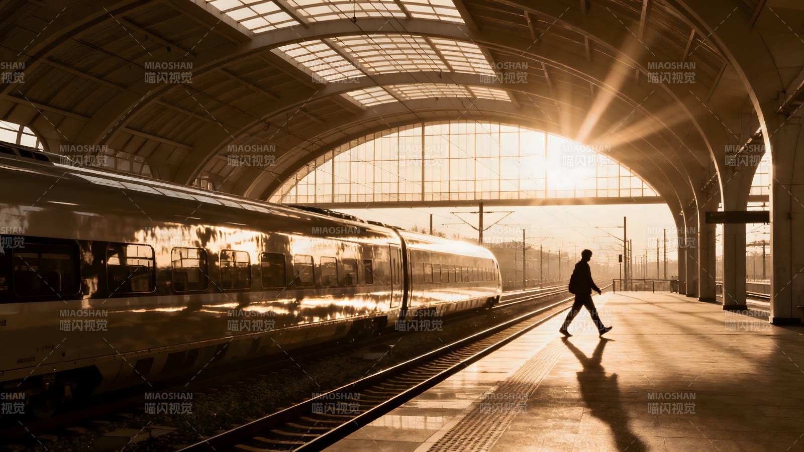 站台晨光行影图片