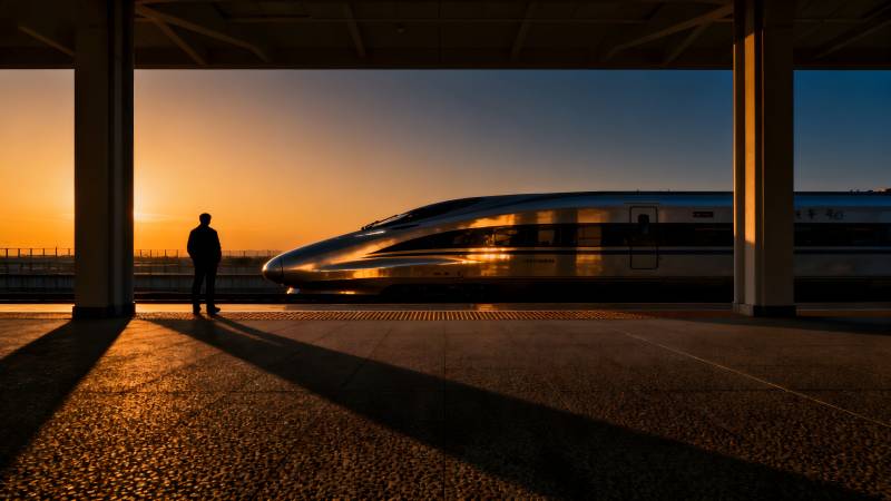 夕阳下的高铁站图片