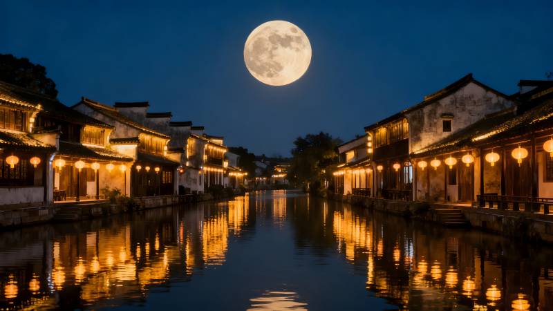 月夜水乡灯火图片