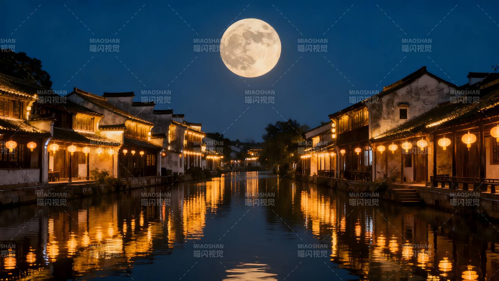 月夜水乡灯火图片