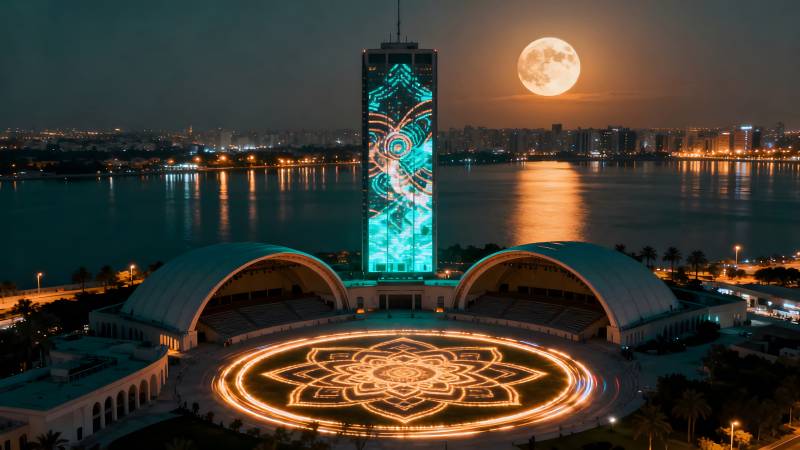 月夜塔影映湖光图片