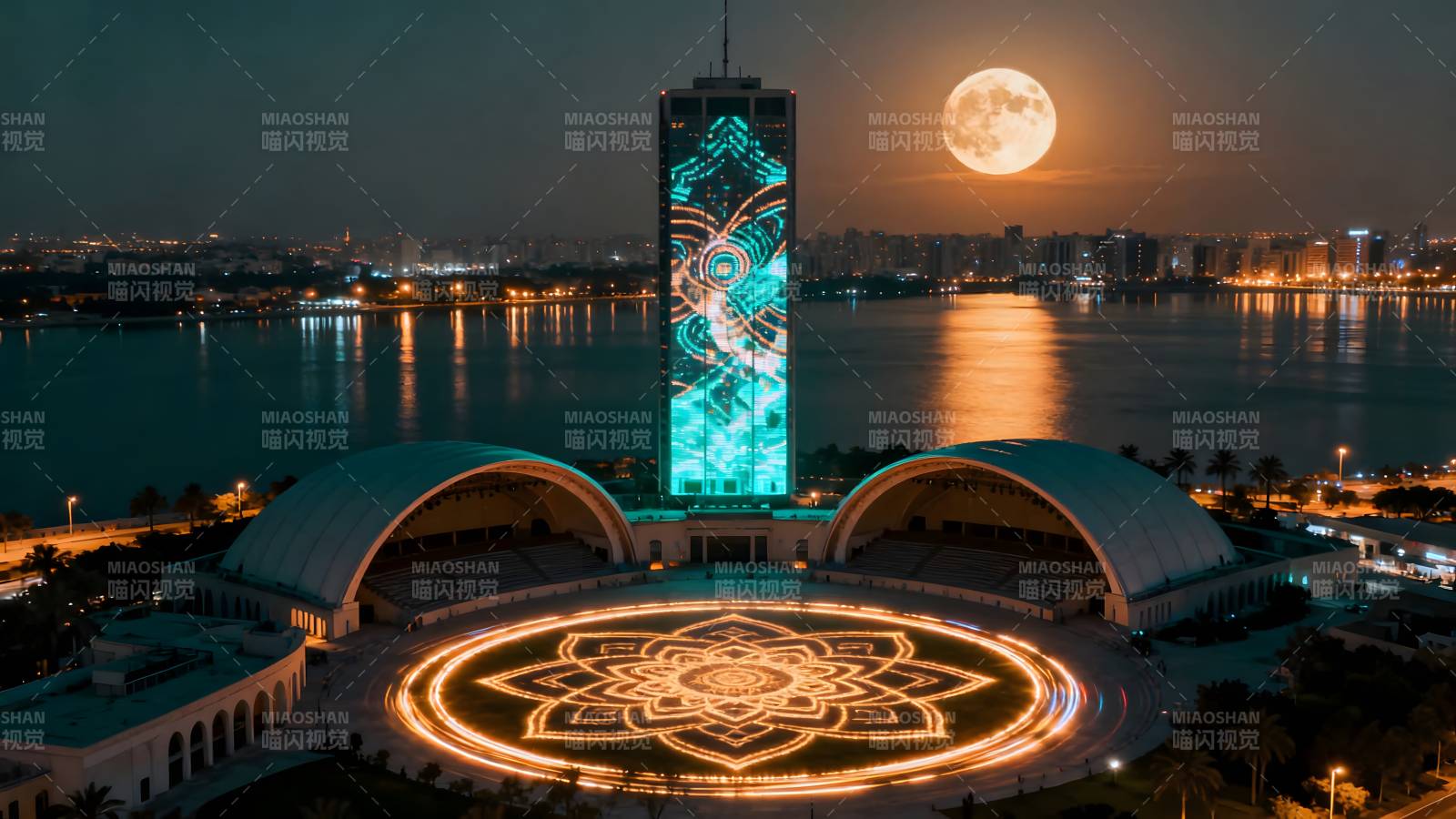 月夜塔影映湖光图片