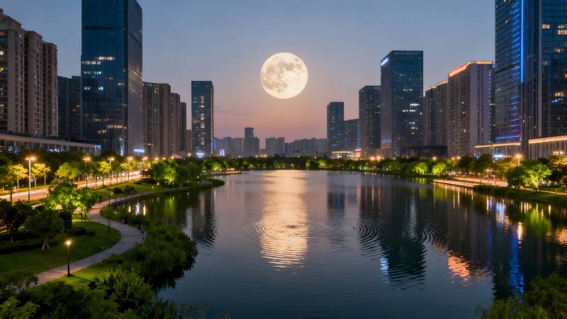 月照城市湖景图片