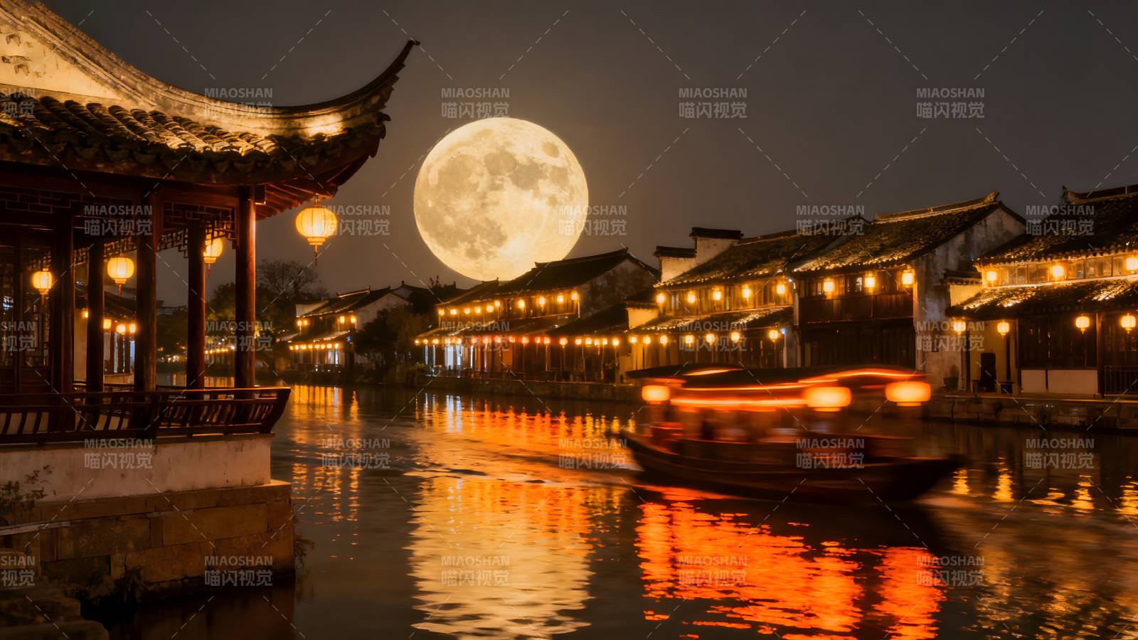 月夜水乡灯火阑珊图片