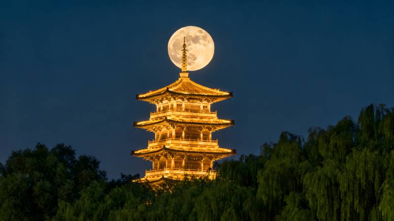 月照古塔夜景图片