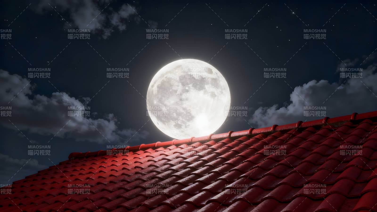 月光下的红瓦屋顶图片