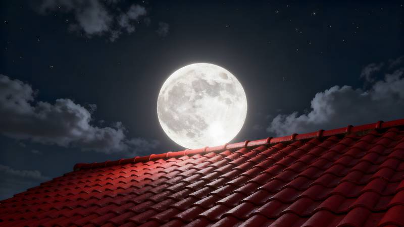 月光下的红瓦屋顶图片
