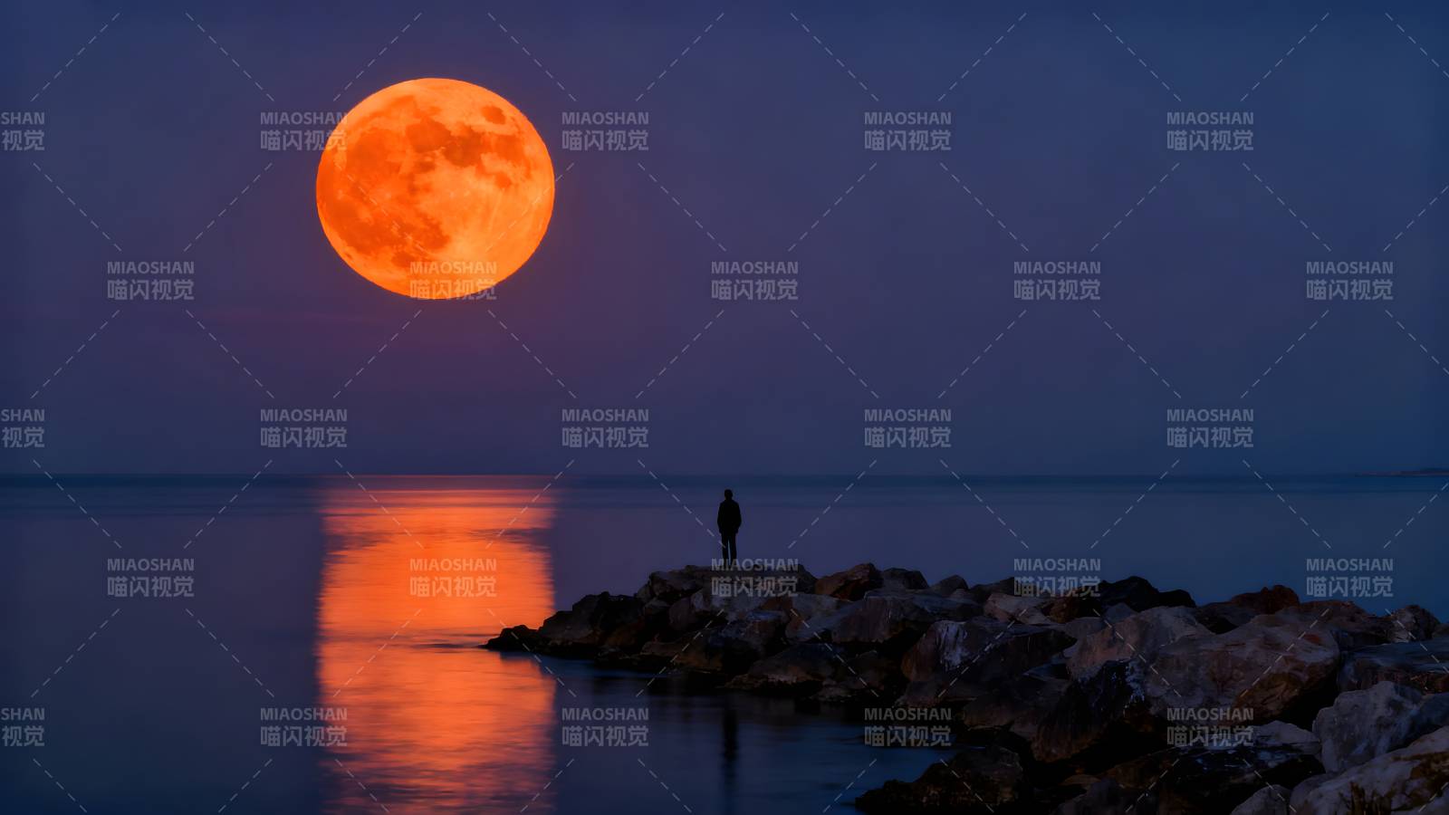 血月映海 孤影伫立图片