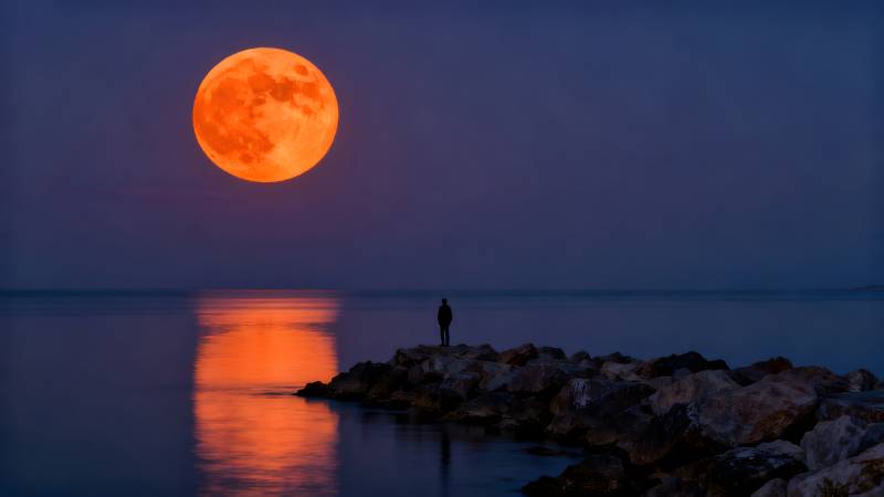 血月映海 孤影伫立图片