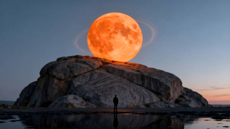 月升岩上 人影独望图片