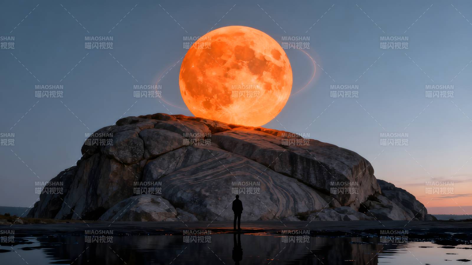 月升岩上 人影独望图片