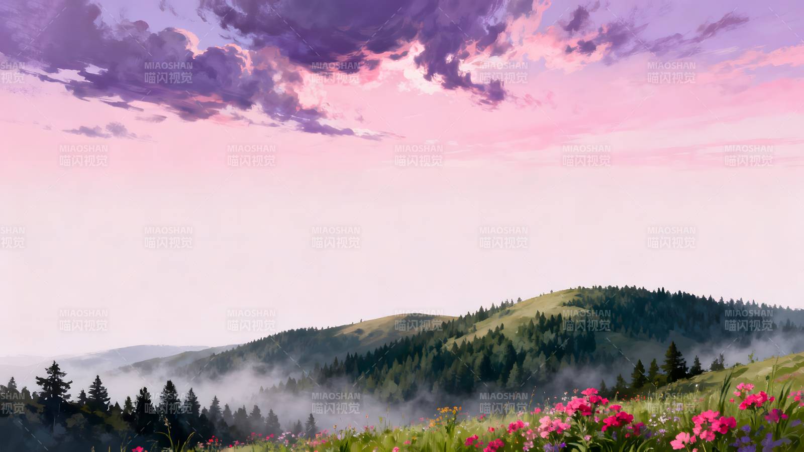 山野晨雾花海图片