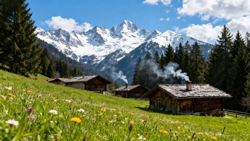雪山木屋春景图片