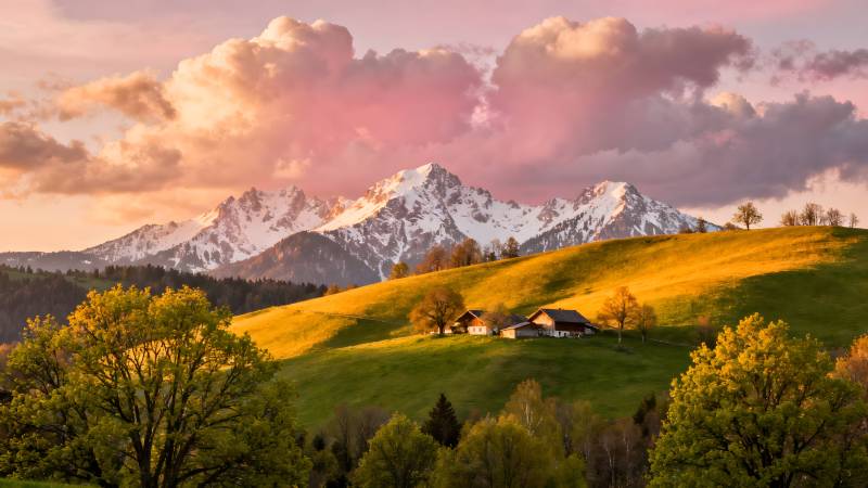雪山春晨美景图片