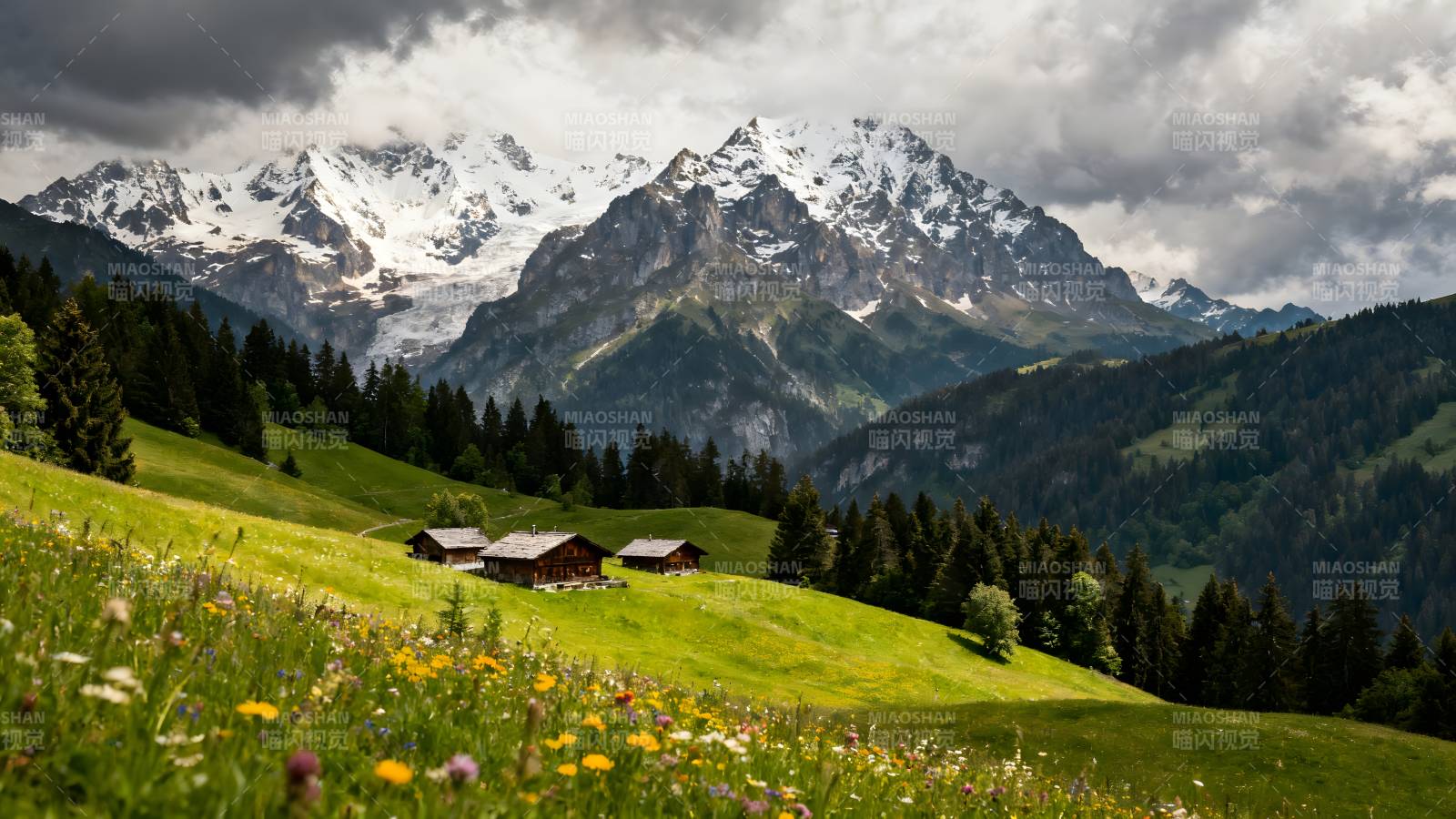 雪山草甸小屋图片