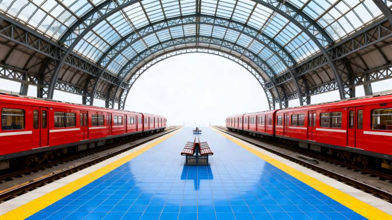 红色列车对峙站台图片