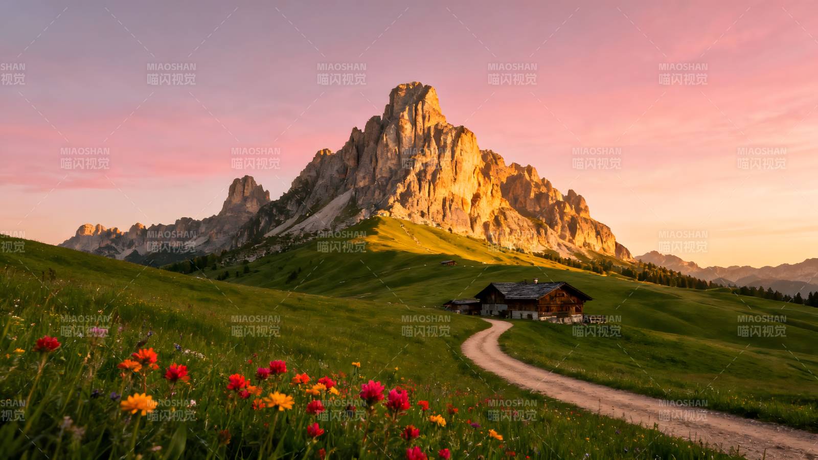 山间小屋与花海图片