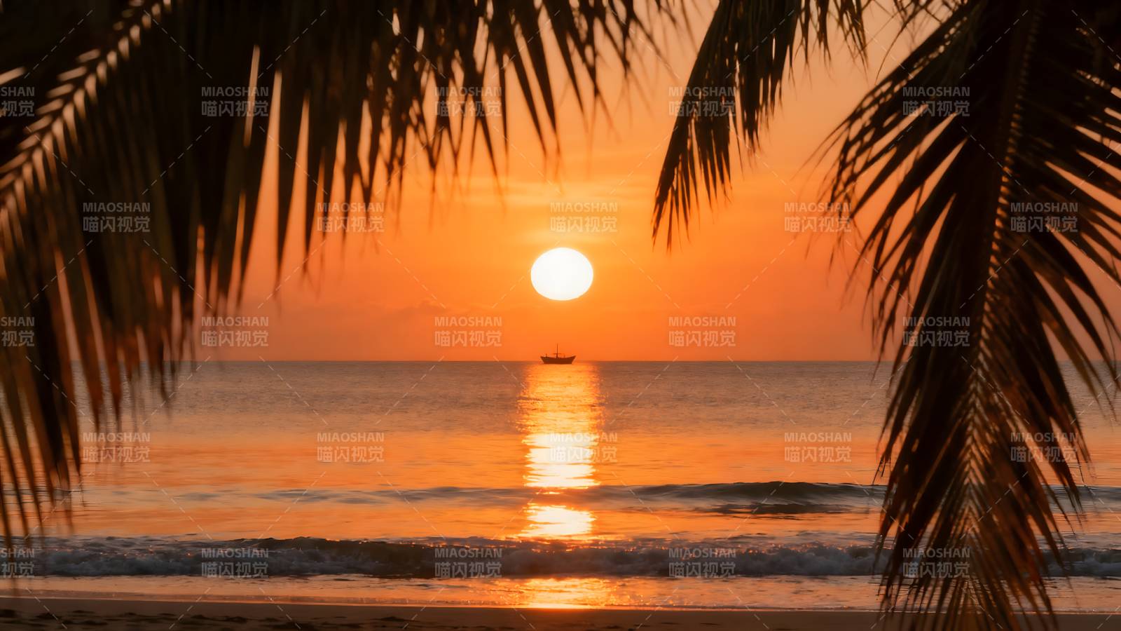 椰影夕阳海景图片