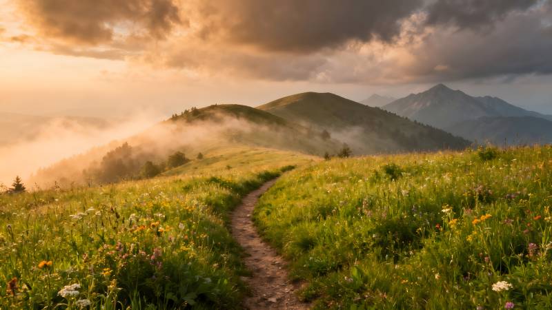 山间小径晨雾缭绕图片