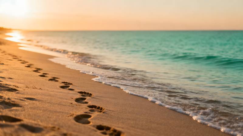 沙滩夕阳脚印图片