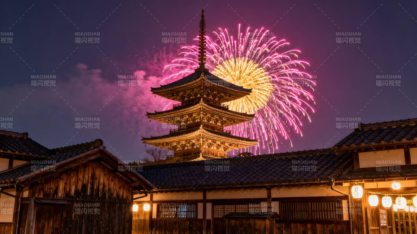 古塔烟花夜景图片