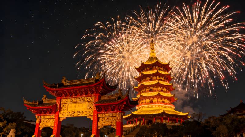 夜空烟花映古塔图片