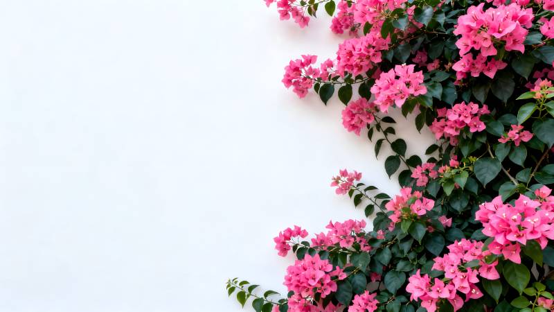 粉花绿叶墙角景图片