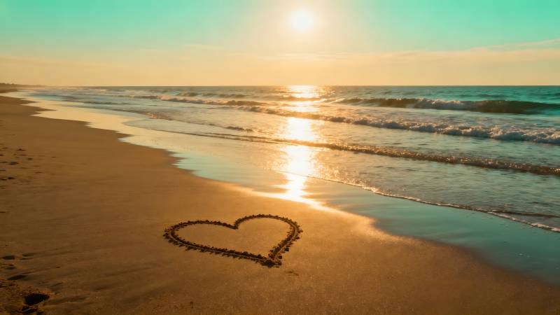 沙滩心形日落图片