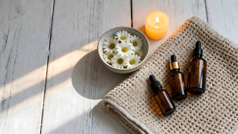 精油与雏菊静物图片