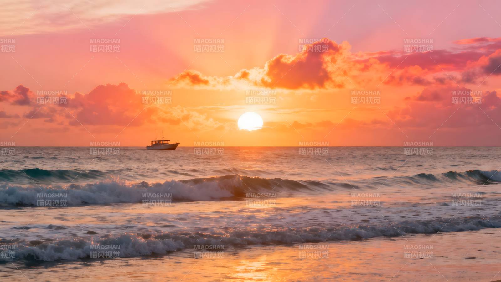 夕阳海景 船影如画图片