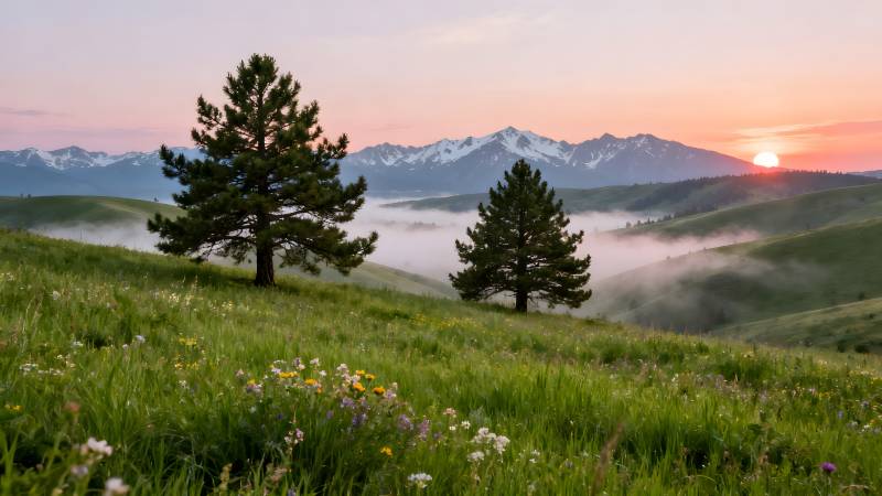 山间晨雾日出图片