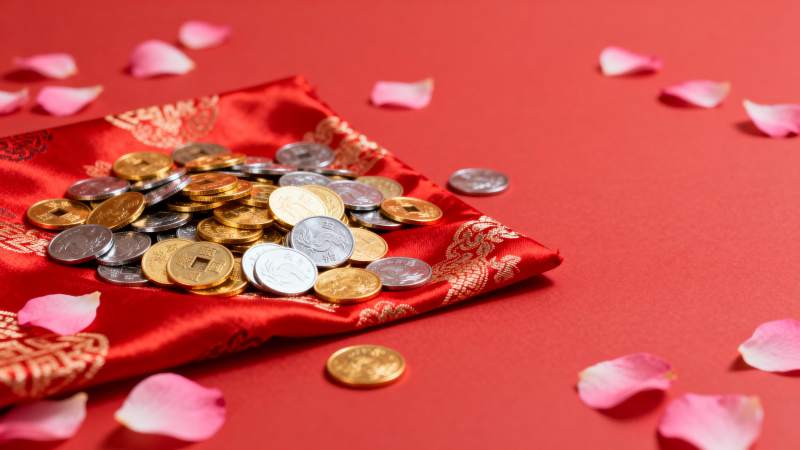 红布金币花瓣点缀图片