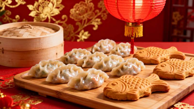 春节美食 饺子与鱼饼图片
