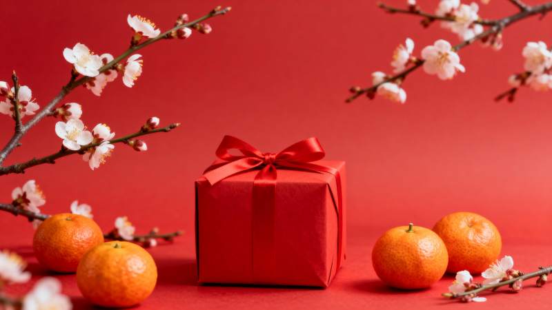 红礼盒与金桔花枝图片