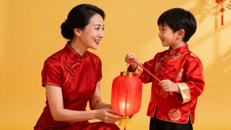母子共赏灯笼图片