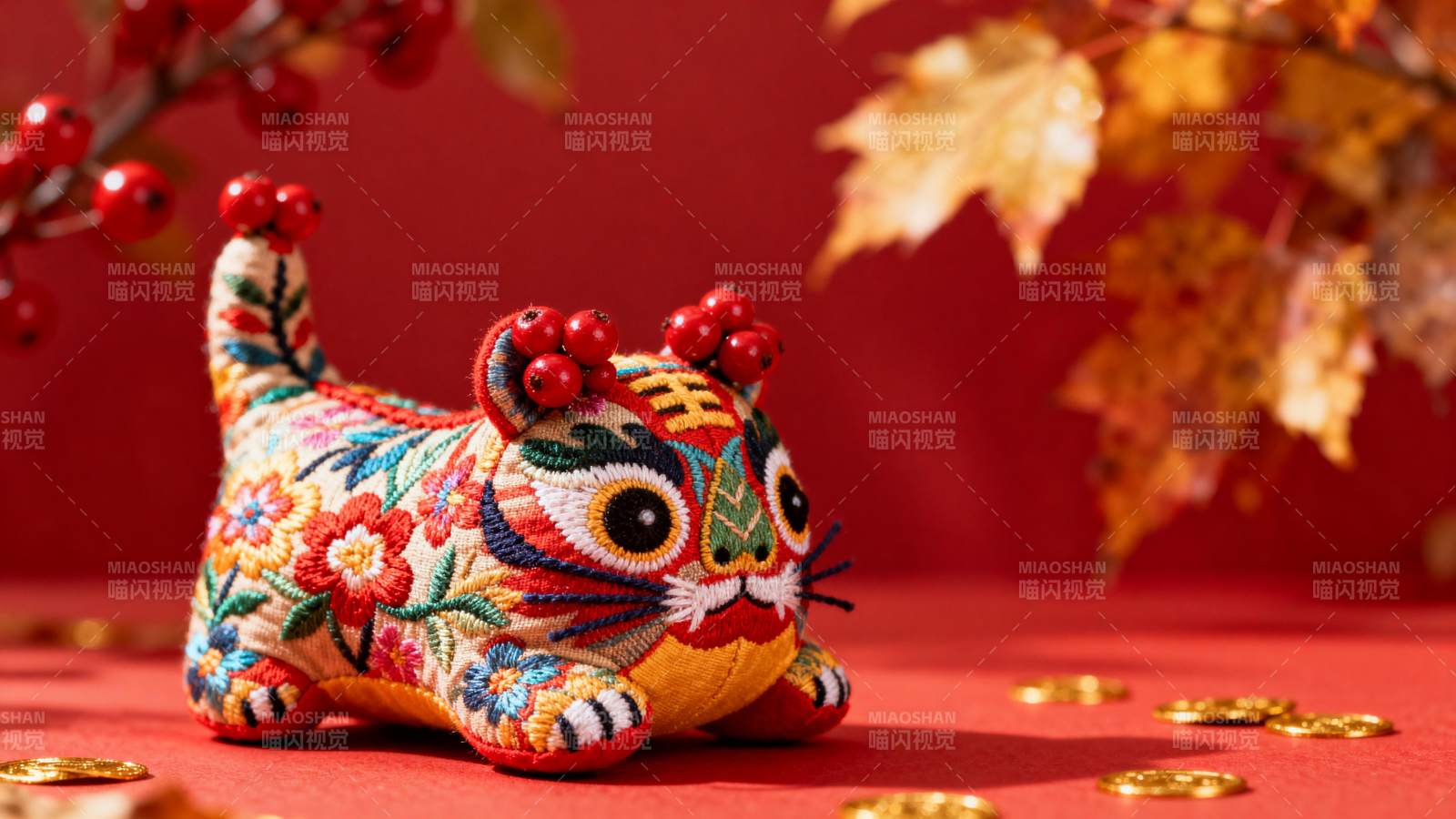 彩绣虎迎春图片